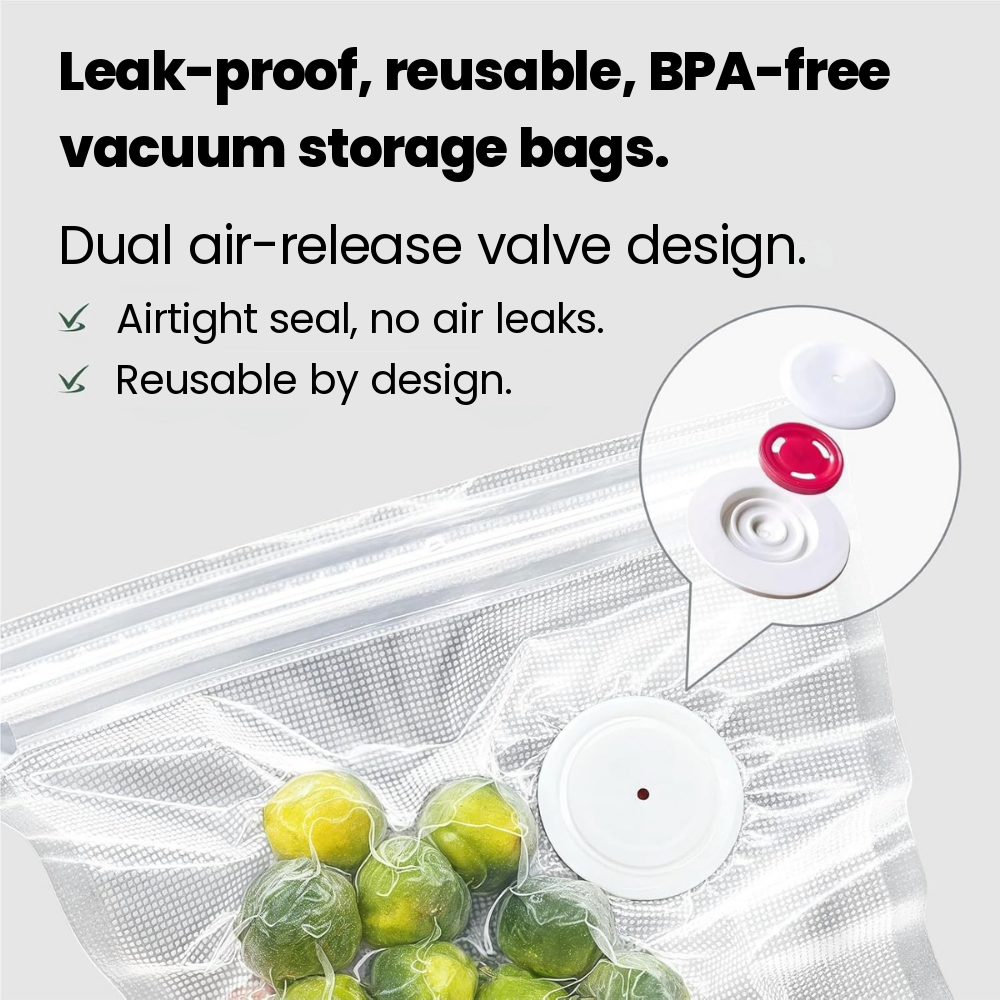 Leak-proof reusable BPA-free vacuum bags with dual air-release valve