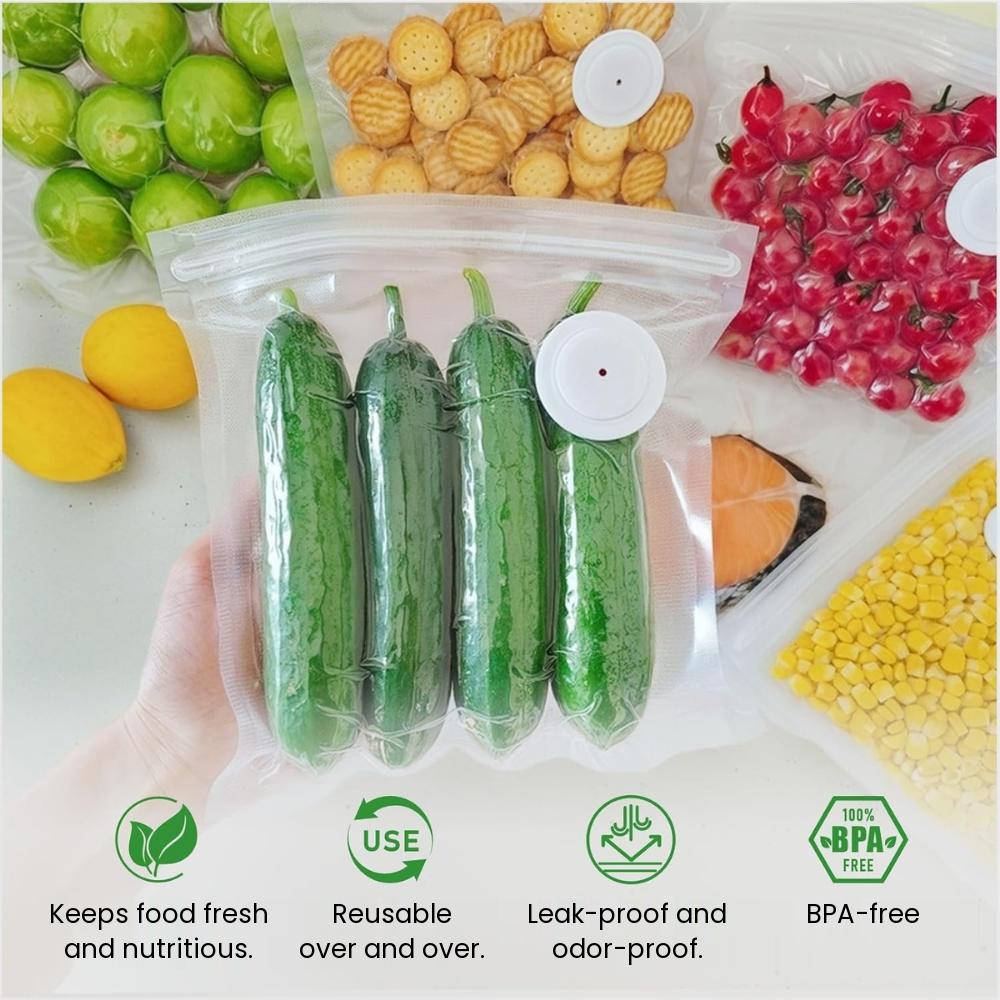 Reusable vacuum bags keep food fresh, leak-proof and BPA free