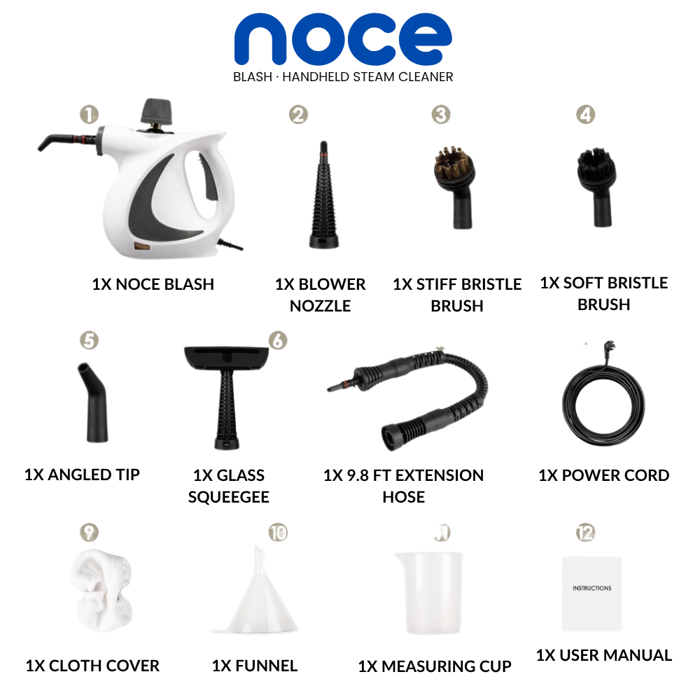 What's in the Noce Blash box: nozzles, brushes, squeegee and 9.8 ft extension hose