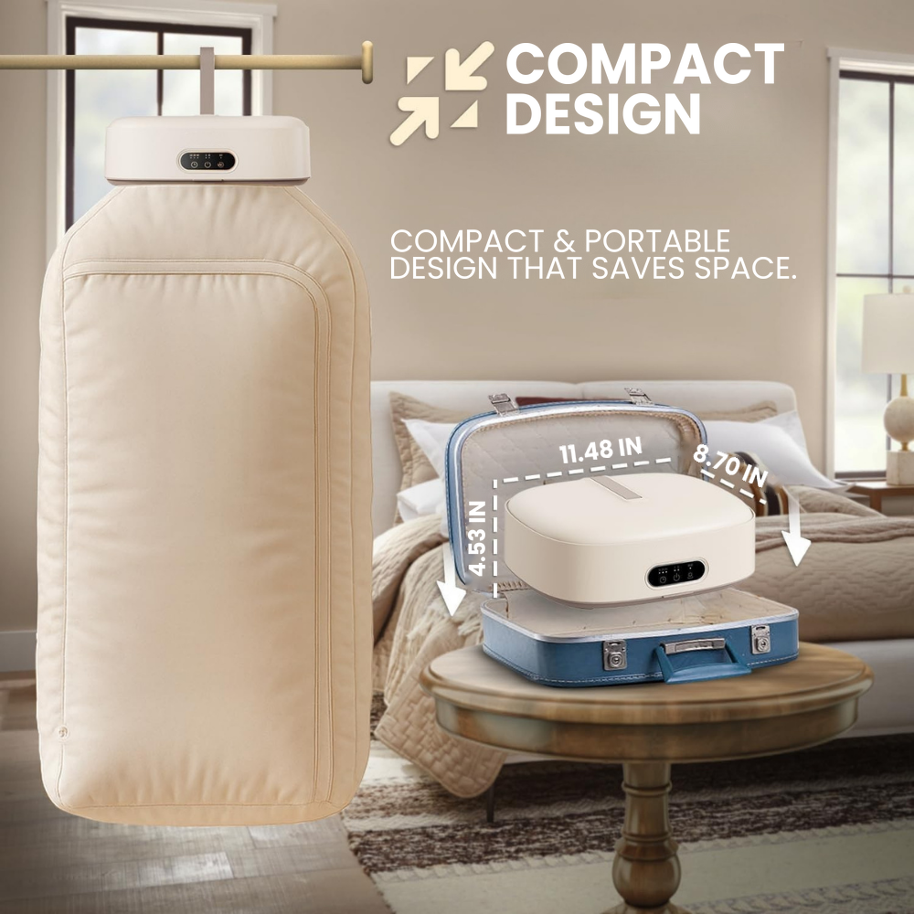 Noce Dry compact design folds to 11.48 x 8.70 x 4.53 inches and fits in a suitcase