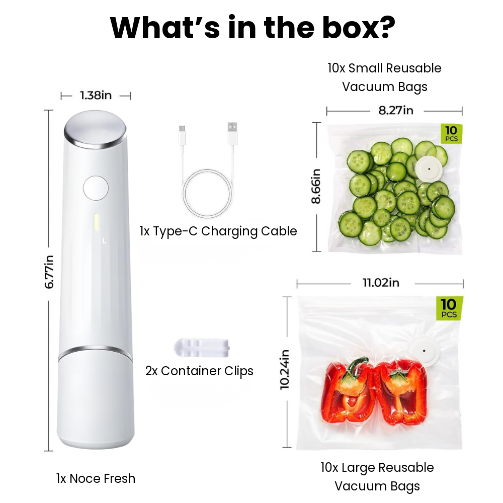 What's in the Noce Fresh box: sealer, USB-C cable, container clips and 20 reusable bags