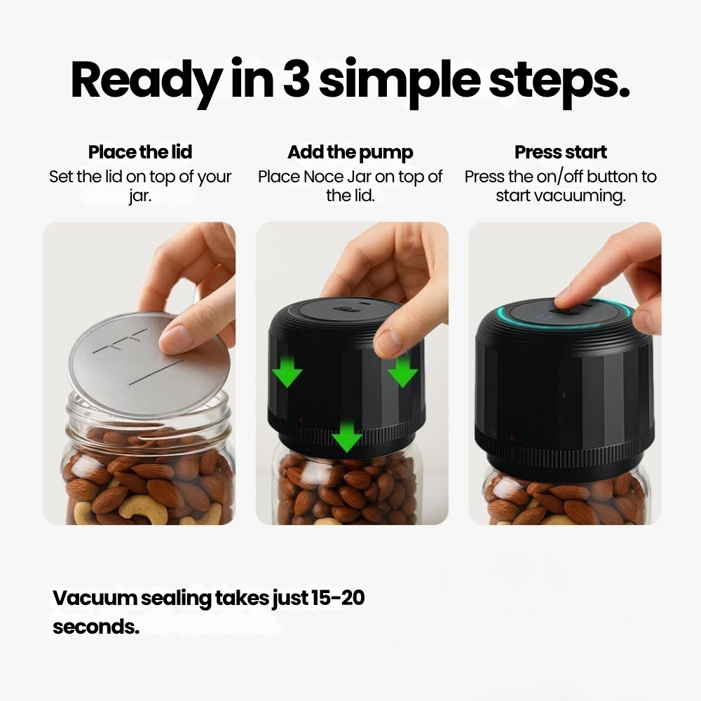 Noce Jar vacuum seals a jar in three simple steps