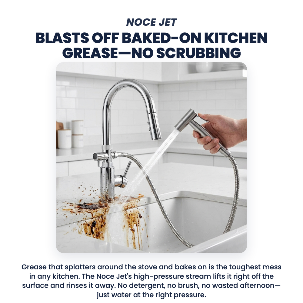 Noce Jet blasts off baked-on kitchen grease with no scrubbing