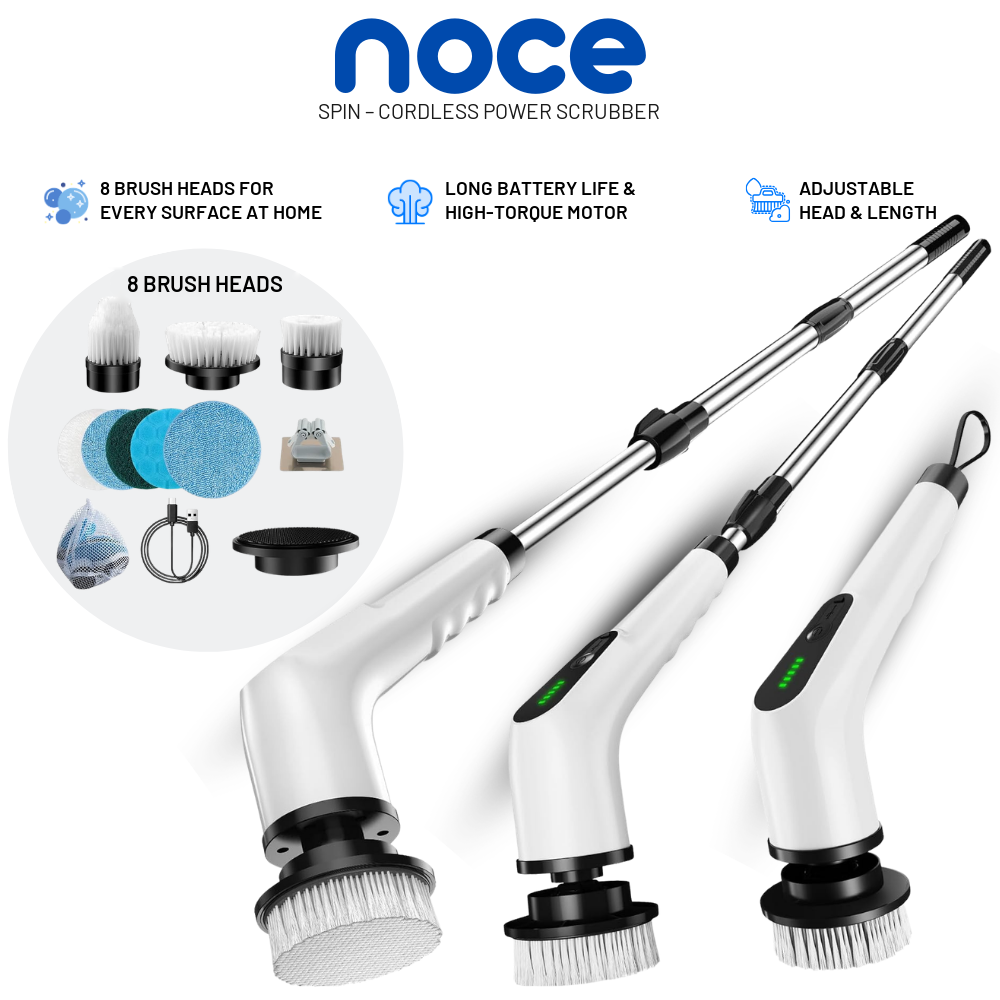 Noce Spin cordless power scrubber with 8 brush heads