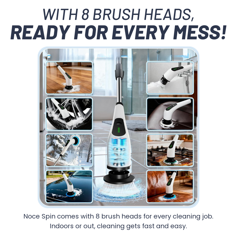 Noce Spin 8 brush heads cleaning floors, wheels, glass and upholstery