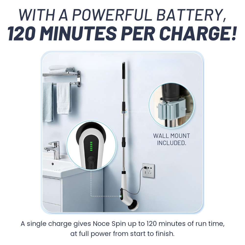 Noce Spin battery delivers 120 minutes per charge, wall mount included