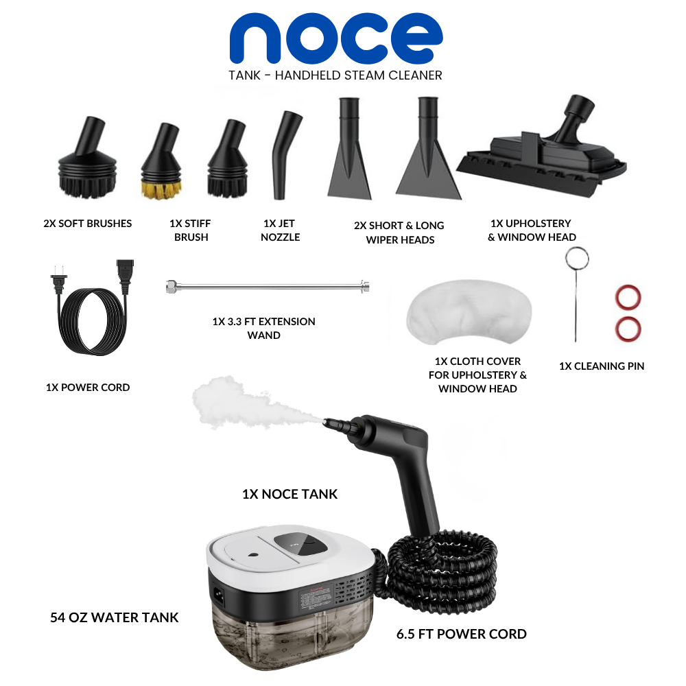 What's in the Noce Tank box: brushes, wiper heads, jet nozzle and extension wand